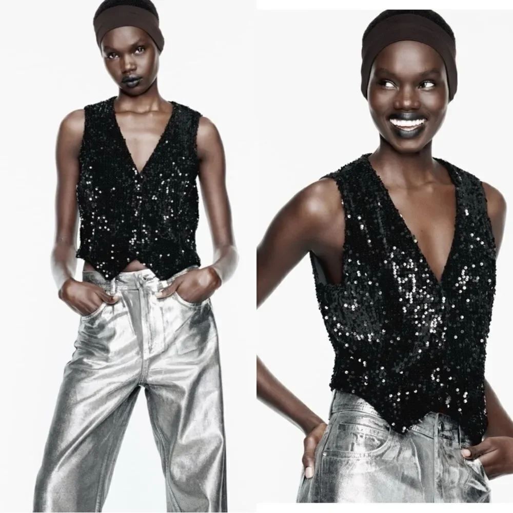 NWT Zara Black Vest Sequin Velvet Bloggers Favorite Size S